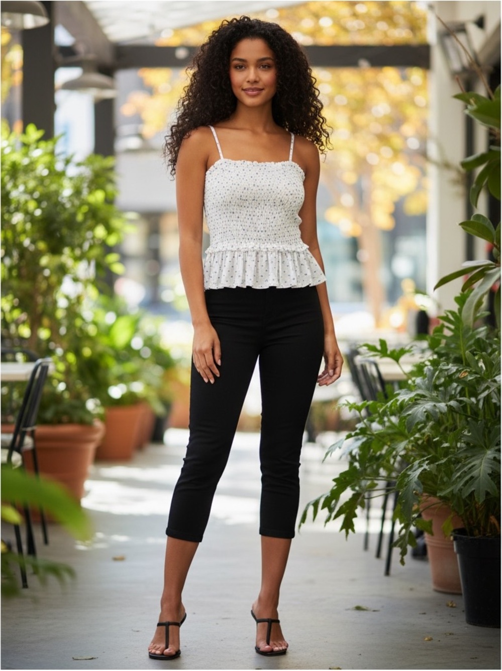 White Smocked Peplum Spaghetti Strap Tank Top with Tiny Floral Print